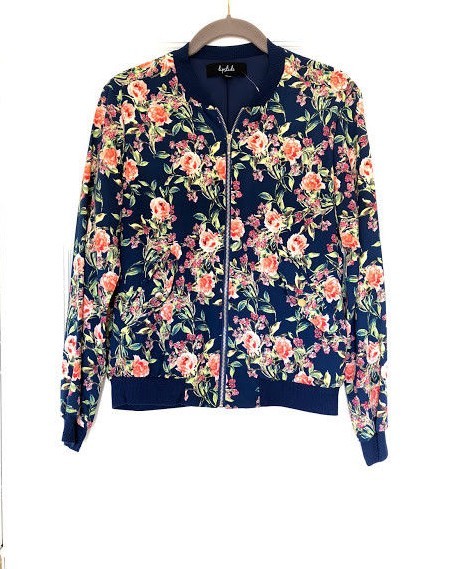 Lipslide Women's Navy Blue Floral Print Bomber Jacket Size Small