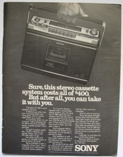 Vintage 1975 Sony Stereo Cassette System Print Ad CF-580 Portable