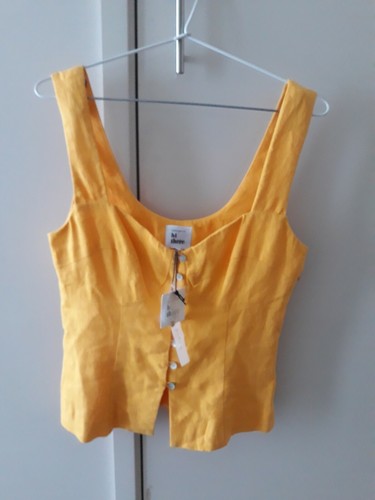 Hi There Karen Walker NWT NEW Linen Daisy Yellow Corset Top 8 Shell Buttons CUTE - Picture 7 of 12
