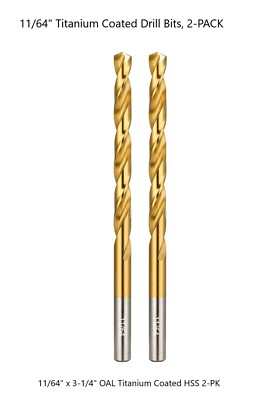 2-PK Titanium Coated HSS Drill Bits, Various Sizes, Free Shipping!