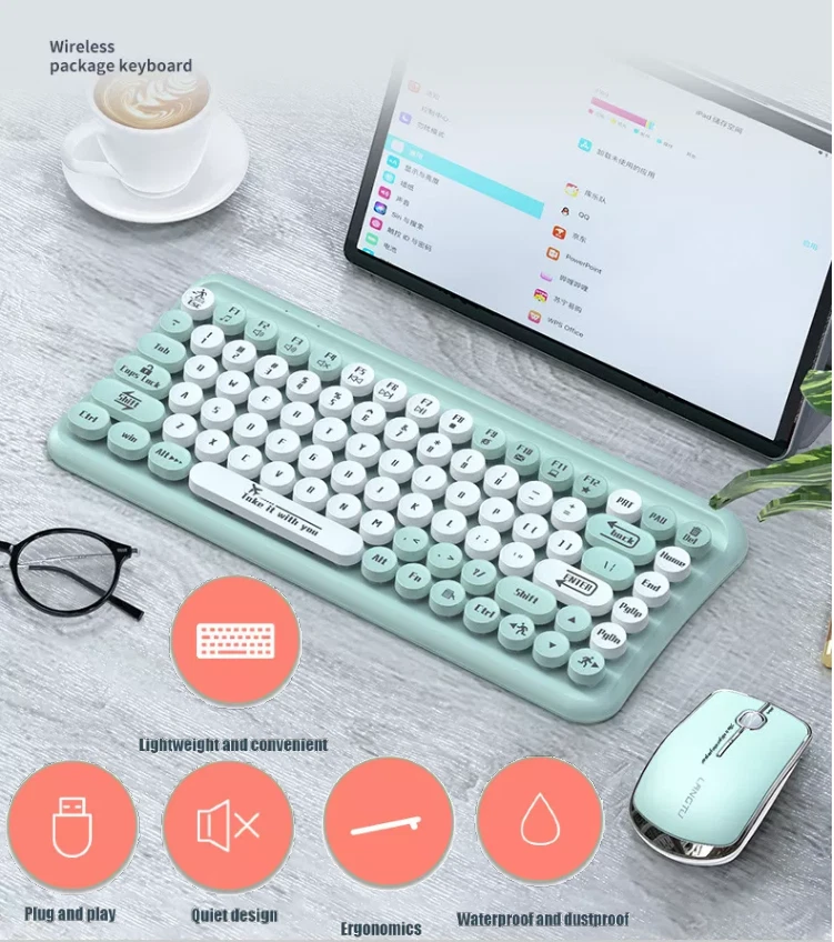 Mini 2.4G Wireless Retro Keyboard and Mouse Combo Round Keys Computer Laptop Mac - Image 2 of 4