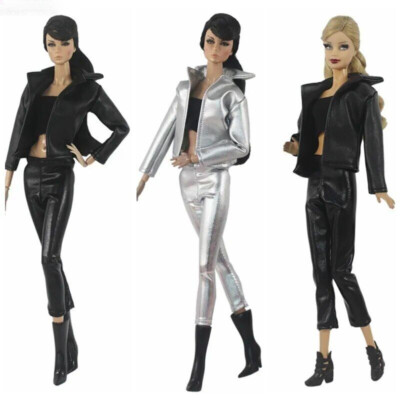 Mode Lederkleidungsset für Barbiepuppen Outfits Jacke Enge Hose Oberteil Stiefel