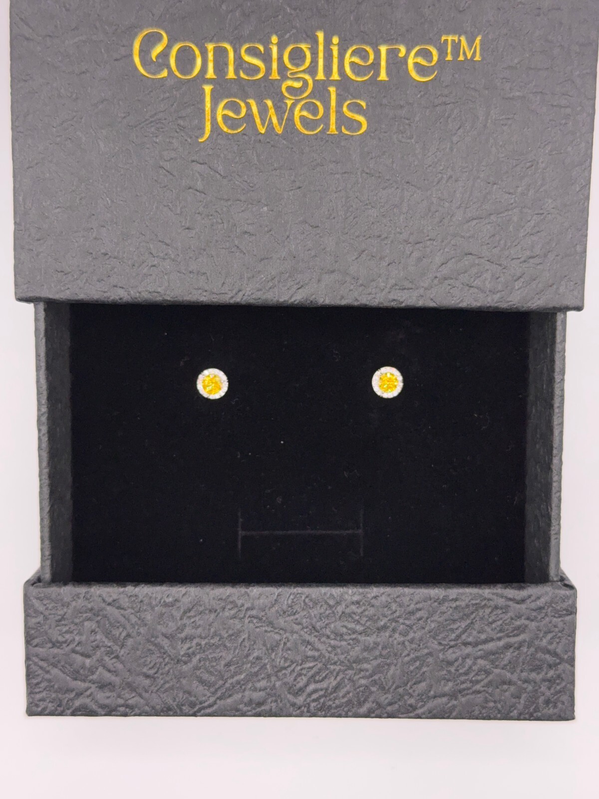 Sparkling Rhodium Plated Moissanite Halo Earrings with Yellow Center – Perfect Gift Jewelry