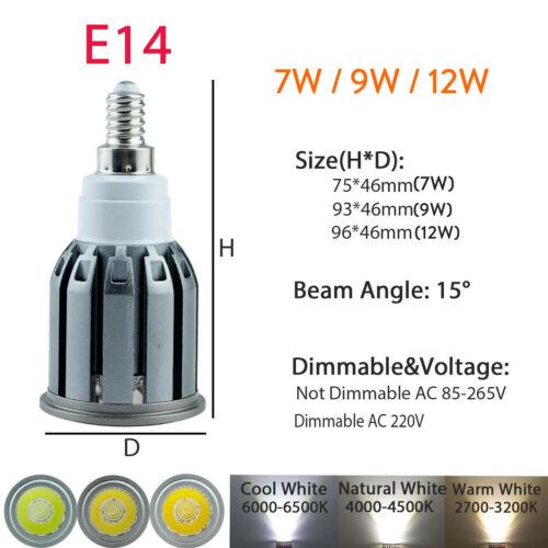 7W 9W 12W MR16 GU10 Dimmable LED Spotlight E27 E14 COB Bulb Lights 220V 12V Lamp - Picture 3 of 19