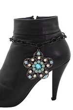 Hot Women Black Metal Chain Boot Bracelet Shoe Blue Big Lovely Flower Posh Charm