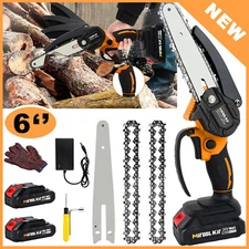 2 Battery 800W Mini Chainsaw Cordless 6inch Electric One-Hand Saw Wood Cutter