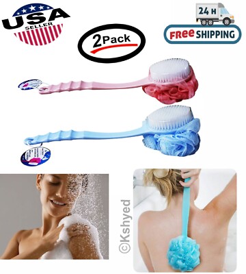 Bath Body Brush Soft Bristles & Loofah Back Scrubber Plastic Handle (2 Pack) New