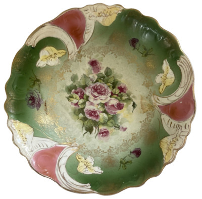 Antique Buffalo Pottery Roses Embossed Floral Gilded 10 3/4'' Bowl Art Nouveau
