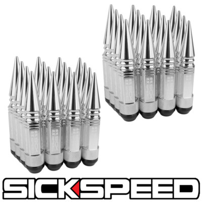 SICKSPEED 32PC CHROME SPIKED ALUMINUM EXTENDED 108MM 3 PC LUG NUTS 14X2 