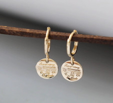 14ct Solid Gold Cryptic Round Huggie Hoops Earrings - 14K, Retro, Coin, engraved