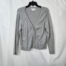 Elle Womens Gray Rhinestone Embellished Long Sleeve Career Button Cardigan Large