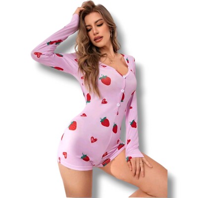 Pijama Monos Sexy Para Mujer Dibujos De Fruta Fresa   De Manga Larga 