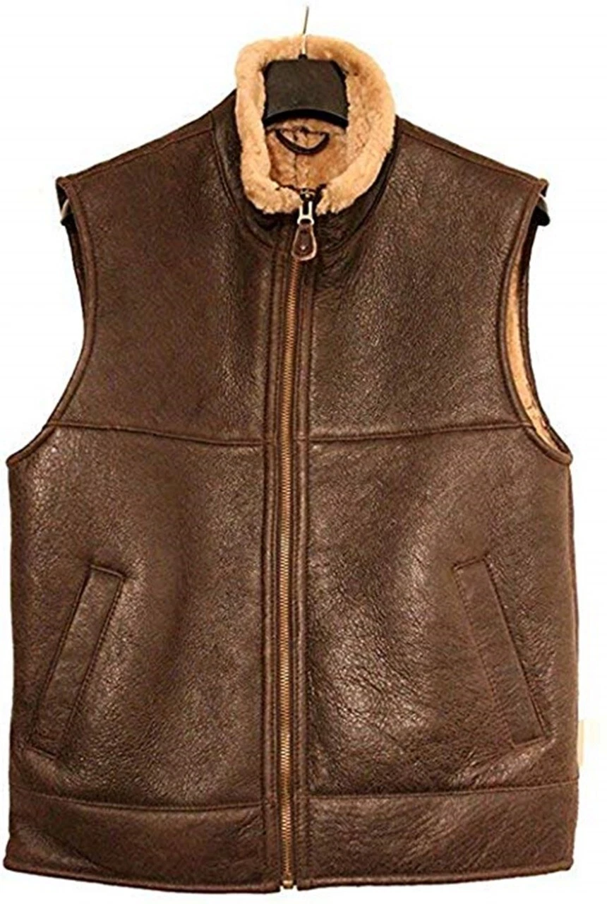 Mens B3 RAF Bomber Vest Aviator Flying Pilot Fur Shearling Real Leather Jacket