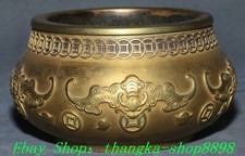 6.2"Old China Purple Bronze 24K Gold Fengshui Bat Coin Incense Burner Censer
