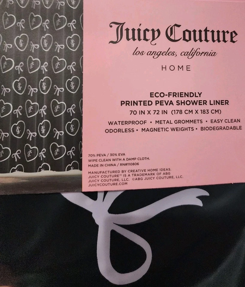 New Juicy Couture Home Hearts Bows Black Eco PEVA Shower Curtain Liner Y2K - Image 4 of 4
