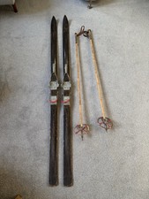 Vintage Austrian Wooden Skis with Tyrolia Cable Bindings and Bamboo Poles 1960s