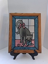 Vintage Cat w/Yarn Ball Stained Glass Art Piece Wall Hanger Or Window Suncatcher