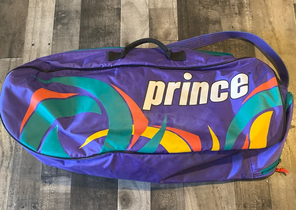 Bolsa de tenis vintage Prince púrpura verde azulado correa raqueta de pelota Y2k grande gimnasio encurtido Foto 2 de 4