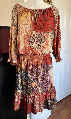 Mlle Gabrielle Dress Size Medium Aztec Stretch Waist Layered Tiered Earth Tone