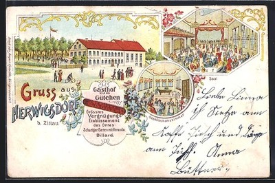 Lithographie Herwigsdorf b. Zittau, Gasthof zum Gütchen, Bes. G. Gunzel, Saal u 