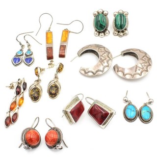 Southwest Sterling Amber Turquoise Malachite Lapis Earrings Lot of 9 #S4580 3