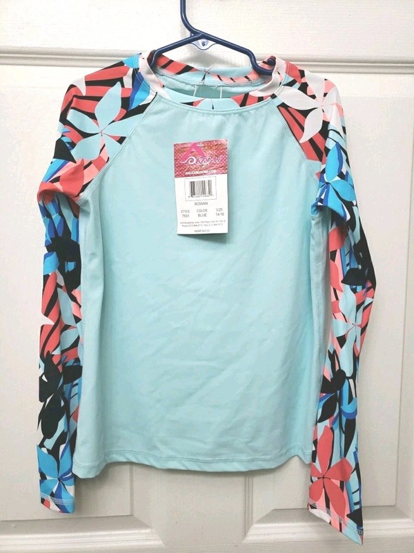 NWT Kanu Surf Rowan Big Kid 14/16 Rash Guard Shirt Long Sleeve Tropical
