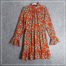 SHEIN Women Dress M Red Boho Floral Mock Neck Ruffle Bell Hem Flounce Sleeve