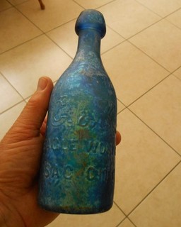 Antique 1860s blue C & K SAC CITY blob soda w heavy Benicia iridescent patina