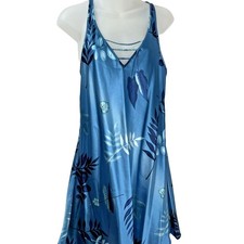 Secret Treasures Oily Satin Chemise Dress Woman M Blue Large Fern Leaf Vintage