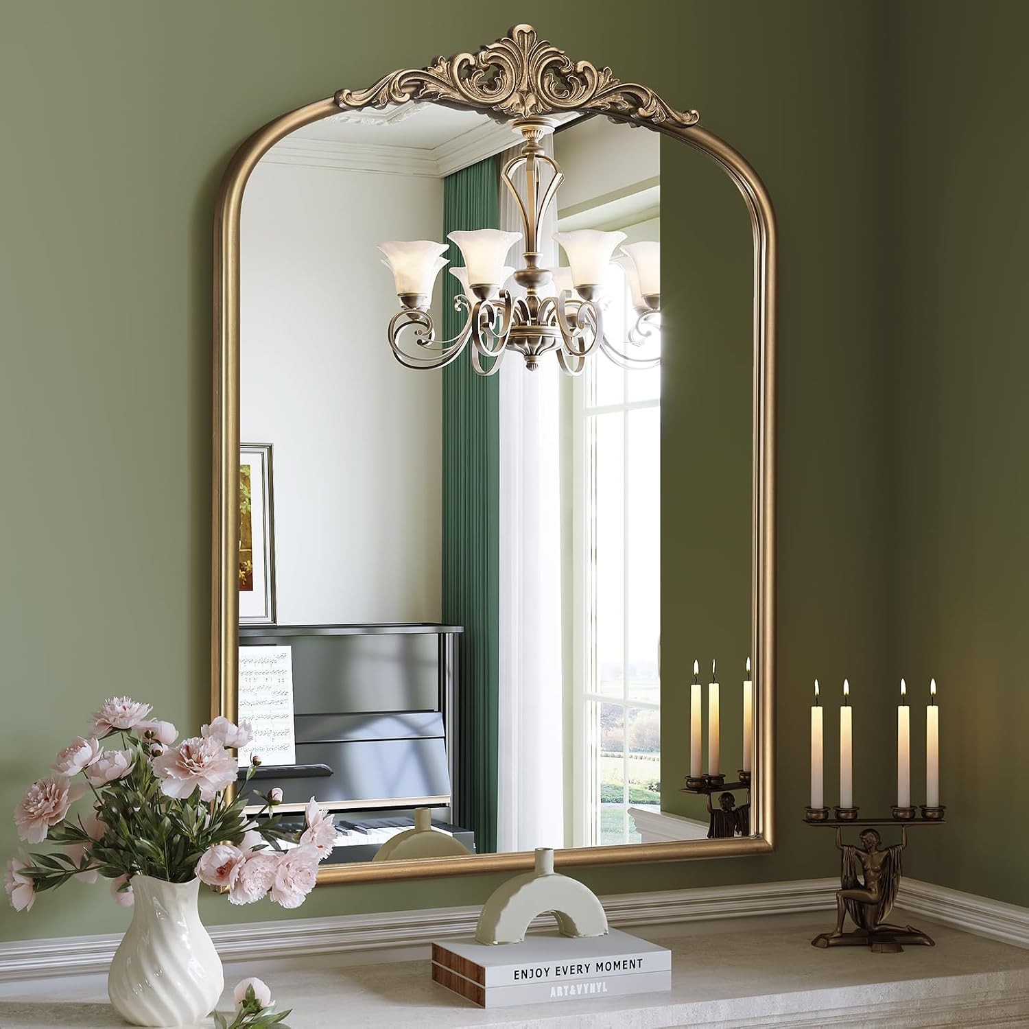 Arched Antique Gold Wall Mirror, 28"x36" Vintage Bathroom Mirror Over Sink,