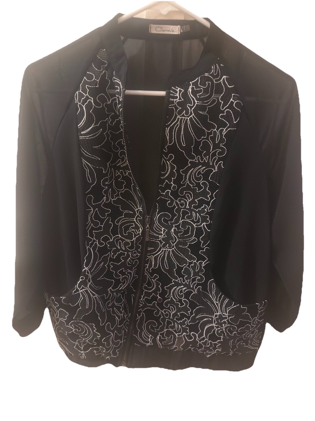 Women’s Sheer Bomber Floral Print Overlay 3/4 Sleeve Jacket Size Medium
