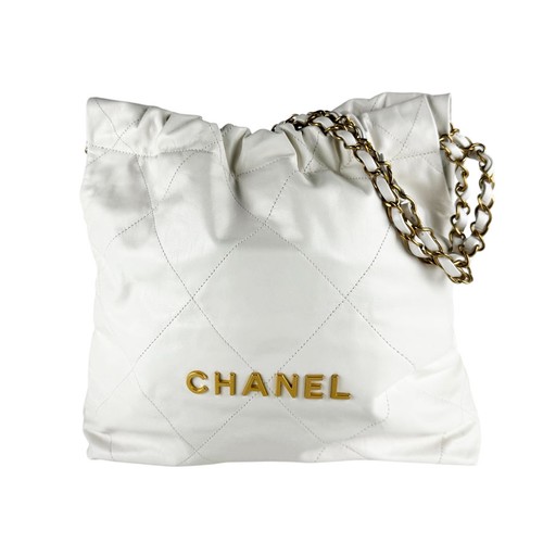 Auth CHANEL CHANEL 22 Chian Shoulder Bag White/Gold Leather/Metal - z10535