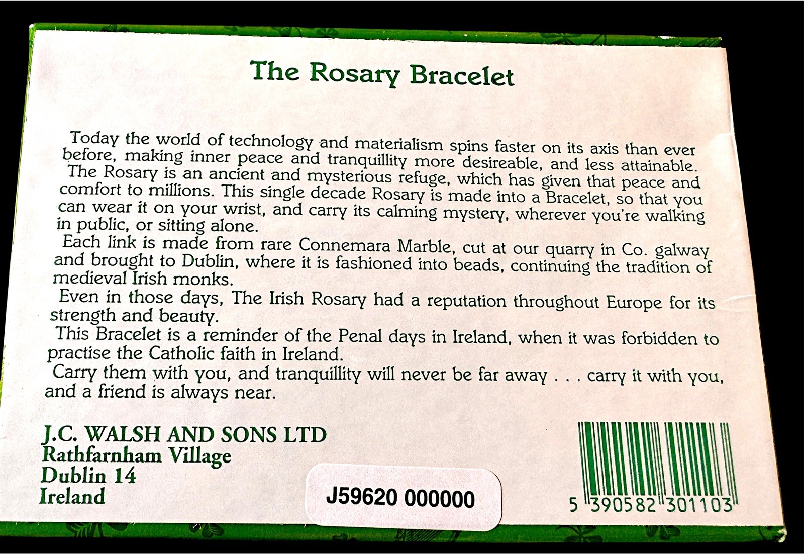 SPECIAL NIB J.C. WALSH & SONS GALWAY IRELAND CONNEMARA MARBLE ROSARY BRACELET