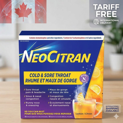 NeoCitran Cold & Sore Throat for Nighttime Relief, Lemon, 10 Count