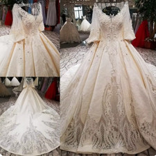 Luxury Wedding Dresses V Neck Long Sleeves Lace Appliques Ball Bridal Gowns