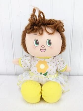 Vintage Commonwealth Plush Rag Doll Brown Yarn Hair 1988 Yellow Dress Green Eyes