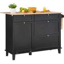 Drop-Leaf  Kitchen Island Rolling Cart Storage  w/ Drawer & Trash Cabinet