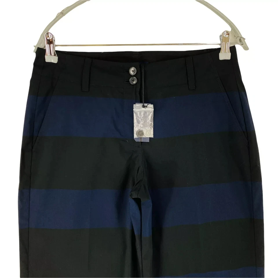 NAUTICA Women Dark Blue Black Striped Loose Fit Trousers US 0 W28 - Image 3 of 4