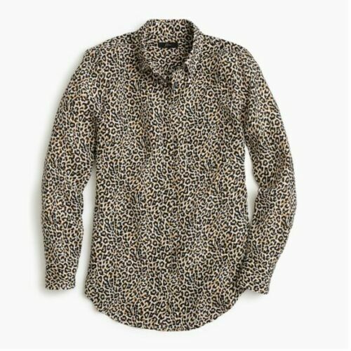 J Crew NEW Womens Size 00 Leopard Print 100% Silk Blouse Top Button Up j8152