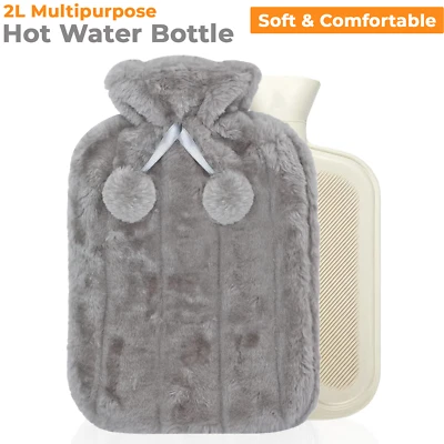 CRYSTALS Large 2L Natural Rubber Hot Water Bottle With Warm Faux Fur Fleece Knitted Cover