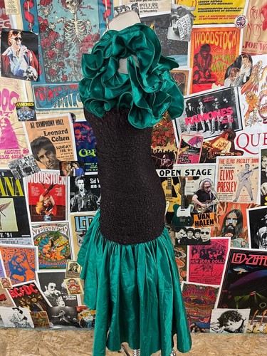 Vtg 80s 90s Emerald Green Black Formal Puff Sleeve Taffeta Betsy & Adam Dress - Picture 10 of 16