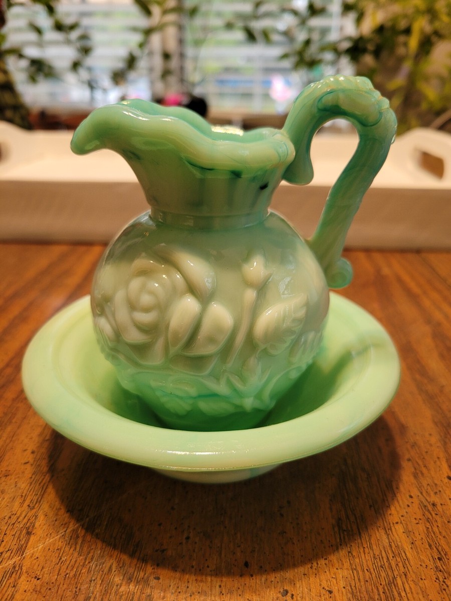 Vintage Avon Turquoise Pitcher/ Bowl Set Victorian Rose 027 GW134