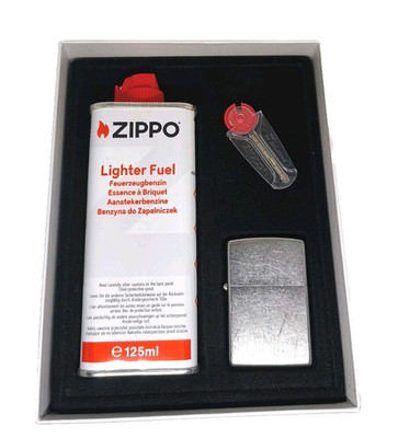Set: Zippo Benzin 125ml + ZIPPO Benzinfeuerzeug Street Chrom 60001162 + Steine