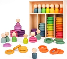 Montessori Toys Wooden Color Sorting Stacking Rings Toy Rainbow Wooden Peg Do...