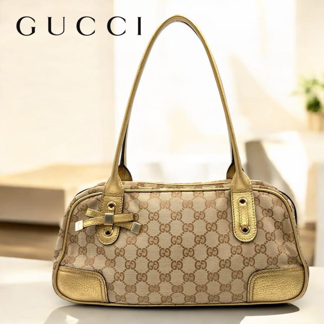 GUCCI GG Gold Canvas Shoulder Bag Beige Japanese Import