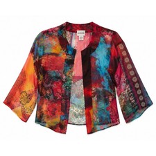Chicos Silk Patchwork Open Front Jacket Sheer Floral Colorful Small Art to Wear