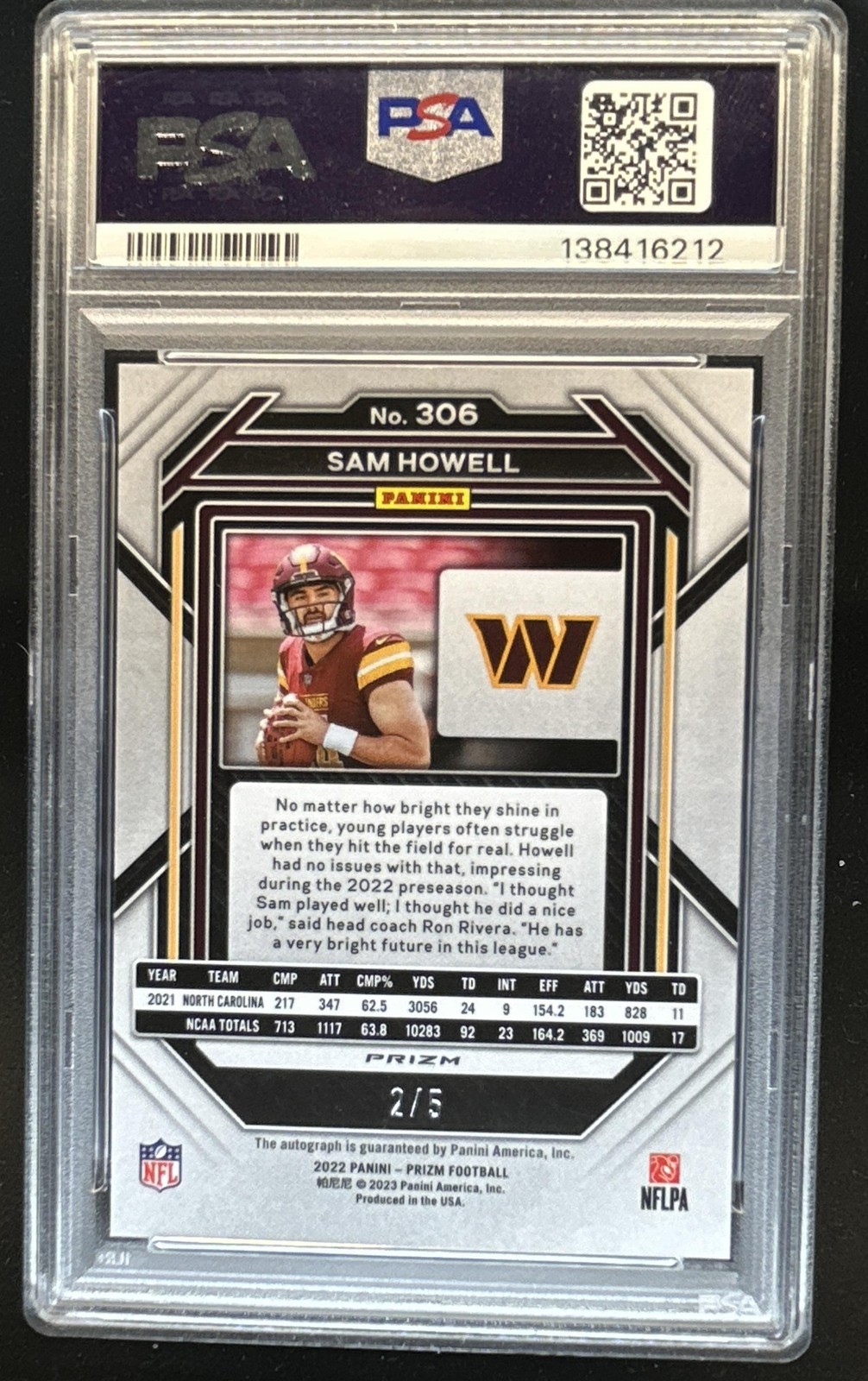 2022 Panini Prizm Sam Howell Rookie Auto Gold Vinyl RC #/5 Commanders PSA 8 view 2