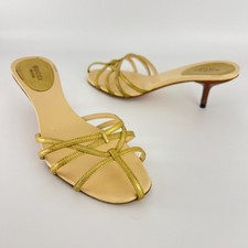 Gucci | Auth Gold Leather Strappy Cage Slide Sandal Kitten Heel Mules (36.5)