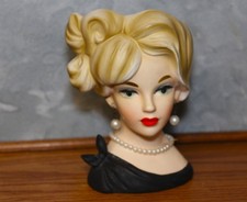 WOW BEAUTY! Vintage NAPCOWARE C 7293 LADY HEAD VASE Black DRESS PEARL NECKLACE