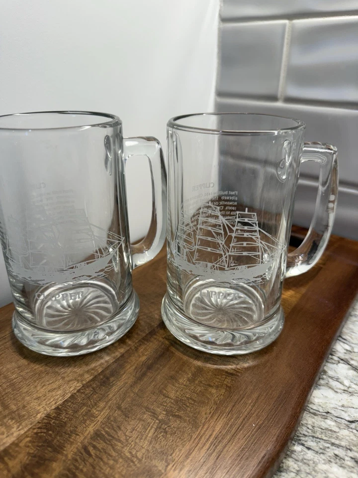 "Juego de 2 tazas de cerveza de vidrio grabado vintage piedras cortapelos náutico envío 5 1/2""" Foto 3 de 4